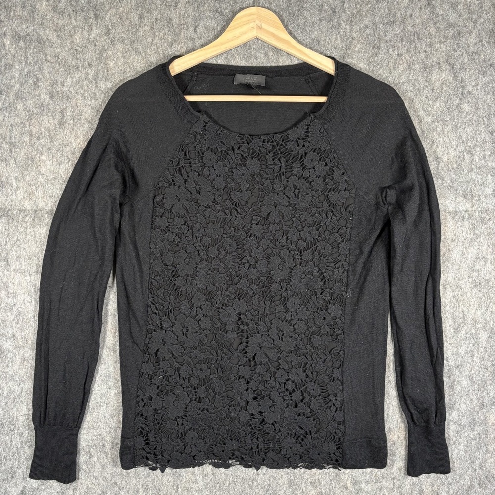 J Crew Merino Wool Long Sleeve Top Women's Medium Black‎ Lace Whimsygoth Y2K Vtg